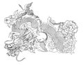 Japanese old dragon and heron tattoo.Hand drawn Dragon with peony flower,lotus,rose and chrysanthemum flower and water splash Royalty Free Stock Photo