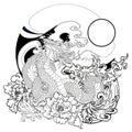 Japanese old dragon tattoo for arm.Hand drawn Dragon with peony flower, Royalty Free Stock Photo