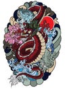Japanese old dragon tattoo for arm.Hand drawn Dragon with peony flower, Royalty Free Stock Photo
