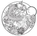 Japanese old dragon tattoo for arm.Hand drawn Dragon with peony flower, Royalty Free Stock Photo