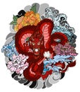 Japanese old dragon tattoo for arm.Hand drawn Dragon with peony flower, Royalty Free Stock Photo