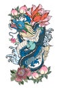 Japanese old dragon tattoo for arm.Hand drawn Dragon with peony flower,lotus,rose and chrysanthemum flower and water splash Royalty Free Stock Photo