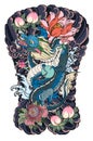Japanese old dragon tattoo for arm.Hand drawn Dragon with peony flower,lotus,rose and chrysanthemum flower and water splash