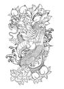 Japanese old dragon tattoo for arm.Hand drawn Dragon with peony flower,lotus,rose and chrysanthemum flower and water splash Royalty Free Stock Photo