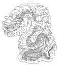 Hand drawn zentangle style Chinese dragon and sketch for tattoo.Dragon silhouette on white background.