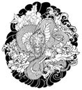 Japanese old dragon tattoo for arm.Hand drawn Dragon with peony flower, Royalty Free Stock Photo