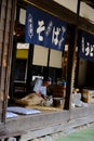 A Japanese old lady selling Soba noodle in Ouchi-juku, Tohoku region, Japan