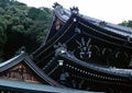 Japanese old shrine entrance roof black wooden decoration background