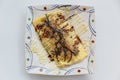 Japanese Omlette Topping with Sauce, Mayonaise, Katsuobushi dried, fermented, and smoked skipjack tuna and Seaweed Royalty Free Stock Photo