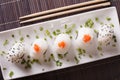 Japanese onigiri with salmon and sesame close-up. horizontal top Royalty Free Stock Photo