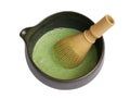 Japanese organic matcha green tea in ceramic bowl with whisk isolated on white background, clipping path