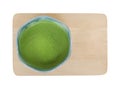 Japanese organic matcha green tea in ceramic bowl on wood tray top view isolated on white background, clipping path Royalty Free Stock Photo