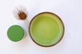 Japanese organic matcha latte green tea ceremony with bamboo whisk chasen and hooked bamboo scoop chashaku top view Royalty Free Stock Photo