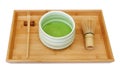 Japanese organic matcha latte green tea ceremony with bamboo whisk chasen and hooked bamboo scoop chashaku on bamboo tray Royalty Free Stock Photo