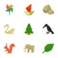 Japanese origami icons set, cartoon style