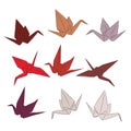 Japanese Origami paper cranes set orange red white pink, symbol of happiness, luck and longevity, sketch. orange red brown isolate