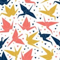 Japanese Origami paper cranes sketch seamless pattern, symbol of happiness, luck and longevity, blue coral mustard yellow on white