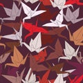 Japanese Origami paper cranes symbol of happiness, luck and longevity, sketch seamless pattern. purple orange red white pink on br