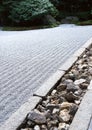 Japanese outdoor garden pathway with green bushes and stone flooring background