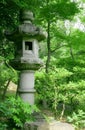 Japanese outdoor stone lantern and lake in zen garden