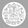 Japanese outline symbols in the shape of a circle. Fuji, geisha, sushi, maneki neko, carps. Page for coloring book.