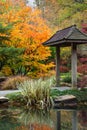 Japanese pagoda and grasses reflecting in the pond with colorful trees in the background in autumn.