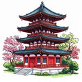 Japanese Pagoda Illustration Spring Cherry Blossoms Royalty Free Stock Photo