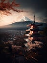 Japanese pagoda with mt fuji in the background