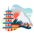 Japanese pagoda, sakura flowers on Fuji mountain background. Travel to Japan isolated vector cartoon illustration Royalty Free Stock Photo