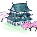 Japanese pagoda and Sakura trees, Buddhist temple with a curved roof, hand-drawn illustration