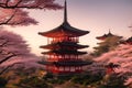 Japanese pagoda surrounded by blooming cherry blossoms Royalty Free Stock Photo