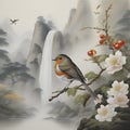 Japanese painting of a Robin bird, mountain, forest, and waterfall. AI-generated