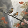 Japanese painting of a Robin bird, mountain, forest, and waterfall. AI-generated