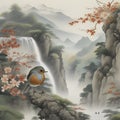 Japanese painting of a Robin bird, mountain, forest, and waterfall. AI-generated