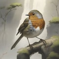 Japanese painting of a Robin bird, mountain, forest, and waterfall. AI-generated