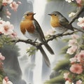 Japanese painting of a Robin bird, mountain, forest, and waterfall. AI-generated