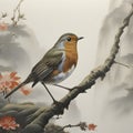 Japanese painting of a Robin bird, mountain, forest, and waterfall. AI-generated