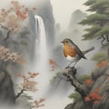 Japanese painting of a Robin bird, mountain, forest, and waterfall. AI-generated