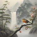 Japanese painting of a Robin bird, mountain, forest, and waterfall. AI-generated