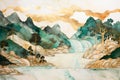 Japanese painting style landscape. Forest range with white mineral marble textures. Gold and jade tones. Relaxing abstract backgro Royalty Free Stock Photo