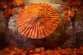 japanese paper parasol with a backdrop of autumn leaves Royalty Free Stock Photo