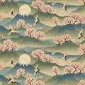 Japanese Pattern, Mount Fuji, Cherry Blossoms, Seamless Pattern, Ukiyo-e Style, Cranes Pattern. Royalty Free Stock Photo