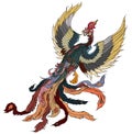 Japanese peacock tattoo.Asian Phoenix fire bird tattoo design.Colorful Phoenix fire bird colouring book illustration.