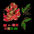 Japanese peony flowers embroidery with sequins and beads for print of textile