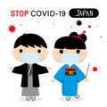 Japanese People to Wear National Dress and Mask to Protect and Stop Covid-19. Coronavirus Cartoon Vector for Infographic.