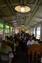 Japanese people and traveler foreigner tour on Sagano Scenic Railway for looking view of Hozugawa River in tunnel at Arashiyama