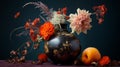 Japanese Photography: Black Vase With Flowers And Peaches
