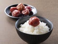 Japanese pickled plums and freshly cooked rice set against a wooden backdrop