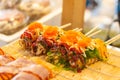 Japanese Pizza or Okonomiyaki roll with chopsticks Shrimp Roe Seaweed Salad topping t
