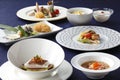 Japanese platters of fresh seafood, cod, soup and sushi Royalty Free Stock Photo